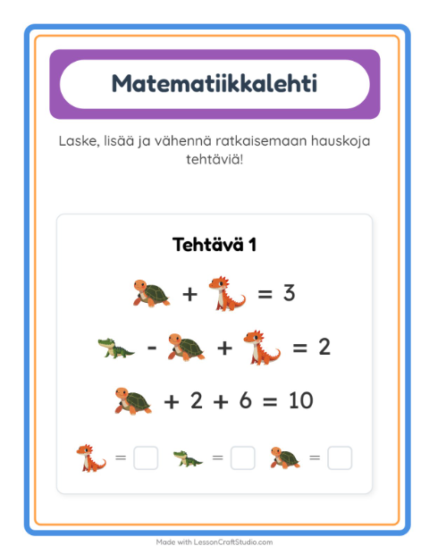 Esikatselu: Päättele kuvien arvot, kolme kuvaa: Matelijat ja sammakkoeläimet – 1. luokan oppilaille