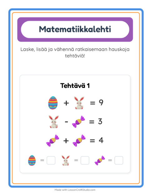 Esikatselu: Matematiikkatehtävä-tehtäväarkki, aiheena Pääsiäinen, Esiopetus