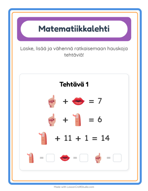 Esikatselu: Matematiikkatehtävä-tehtäväarkki, aiheena Ruumiinosat, Esiopetus