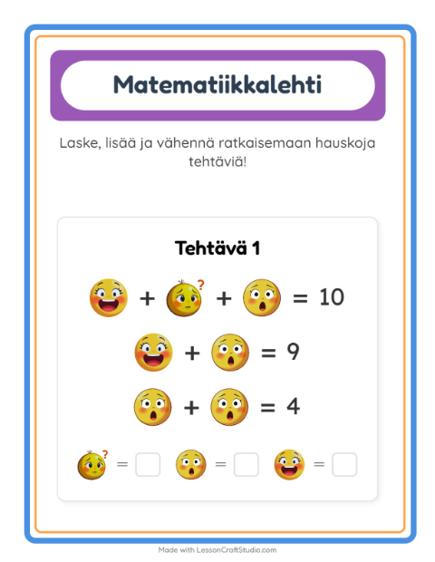 Esikatselu: Matematiikkatehtävä-tehtäväarkki, aiheena Tunteet, Esiopetus