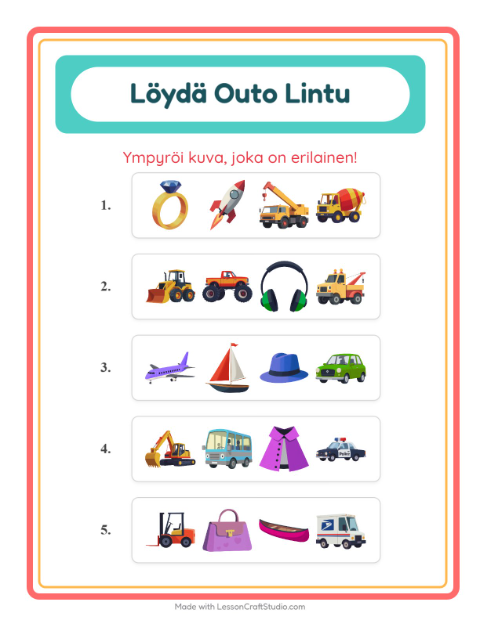 Mikä ei kuulu joukkoon: Ajoneuvot – toisesta ryhmästä tullut kuva – esikouluikäisille — 4