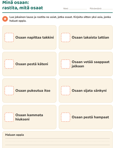 Esikatselu: Minä itse-tehtäväarkki, Esiopetus