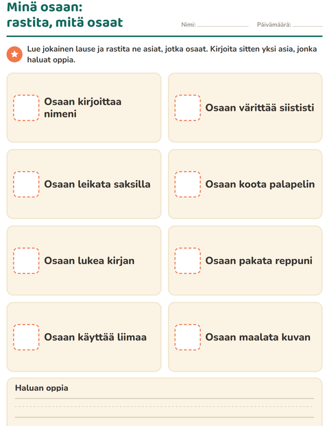 Esikatselu: Minä itse-tehtäväarkki, Esiopetus