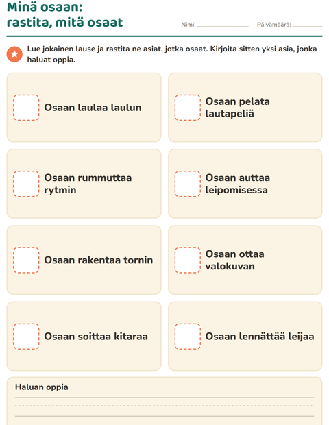 Esikatselu: Minä itse-tehtäväarkki, Esiopetus