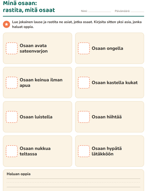 Esikatselu: Minä itse-tehtäväarkki, Esiopetus