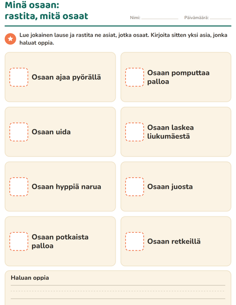 Esikatselu: Minä itse-tehtäväarkki, Esiopetus