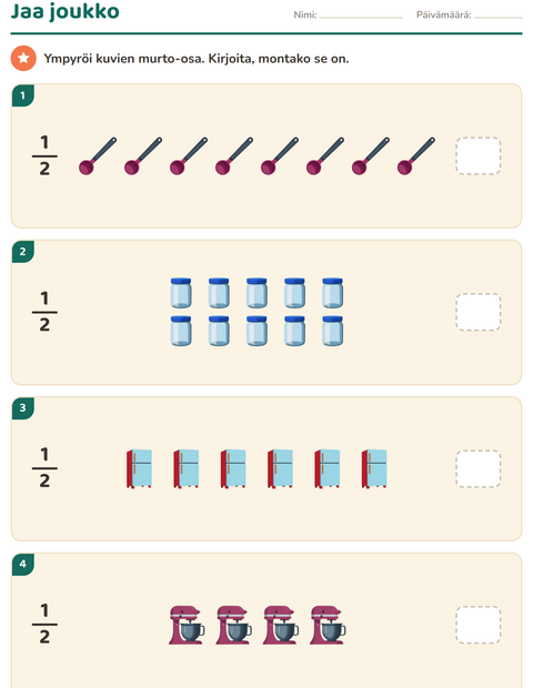 Esikatselu: Murtoluvut-tehtäväarkki, aiheena Keittiövälineet, 2. luokka