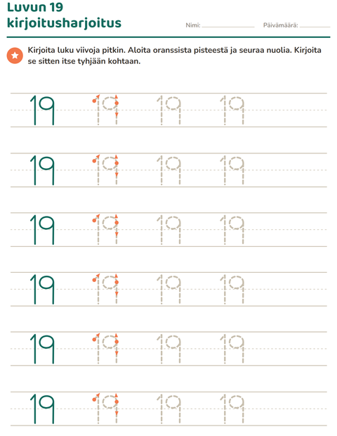 Esikatselu: Numeroiden kirjoittaminen-tehtäväarkki, Esiopetus