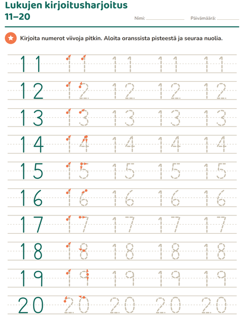 Esikatselu: Lukujen kirjoitusharjoitus 11–20