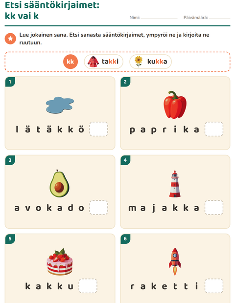 Esikatselu: Oikeinkirjoitus-tehtäväarkki, 2. luokka