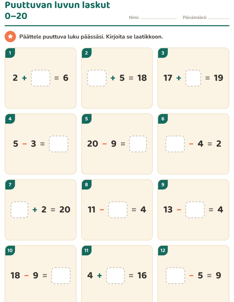 Puuttuvan luvun laskut lukualueella 0–20
