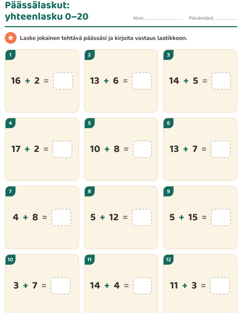 Yhteenlaskut 0–20 päässä laskettavaksi