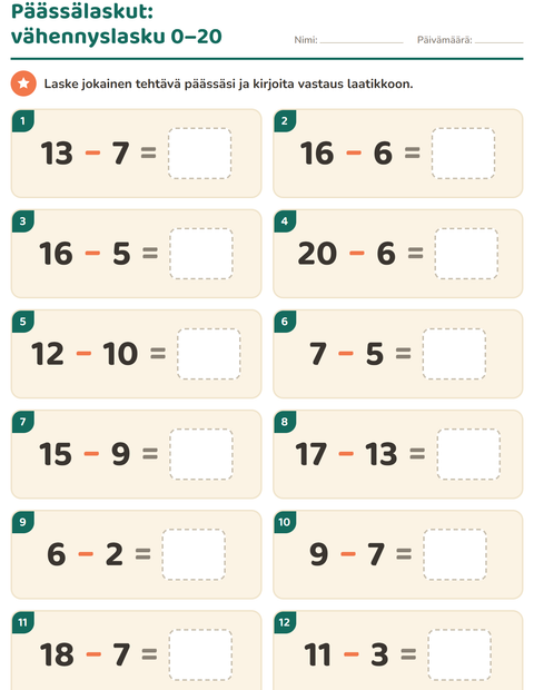 Esikatselu: Päässälaskut-tehtäväarkki, 1. luokka