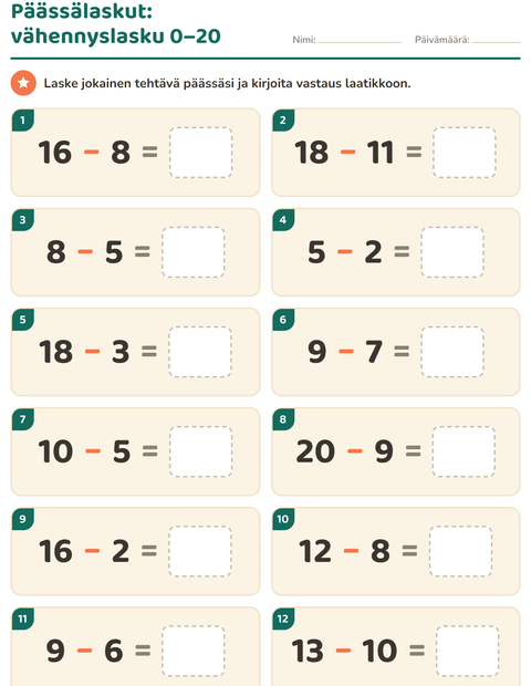 Esikatselu: Päässälaskut-tehtäväarkki, 1. luokka