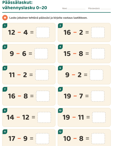Esikatselu: Päässälaskut-tehtäväarkki, 1. luokka