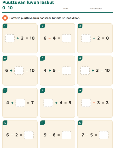 Esikatselu: Puuttuvan luvun laskut lukualueella 0–10