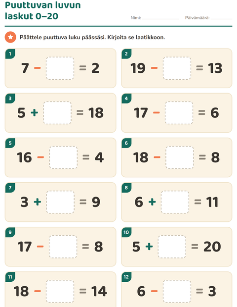 Esikatselu: Päässälaskut-tehtäväarkki, 1. luokka