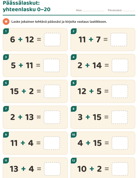 Esikatselu: Päässälaskut-tehtäväarkki, 1. luokka