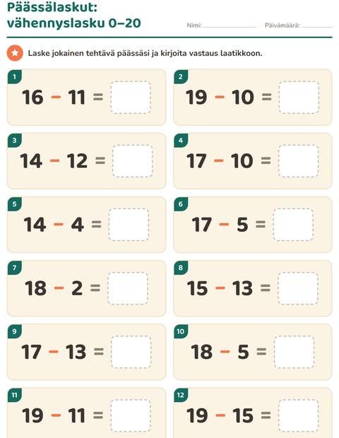 Esikatselu: Päässälaskut-tehtäväarkki, 1. luokka