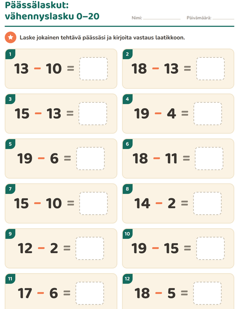Esikatselu: Päässälaskut-tehtäväarkki, 1. luokka