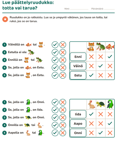Esikatselu: Päättelypulmat-tehtäväarkki, aiheena Lemmikit, 2. luokka