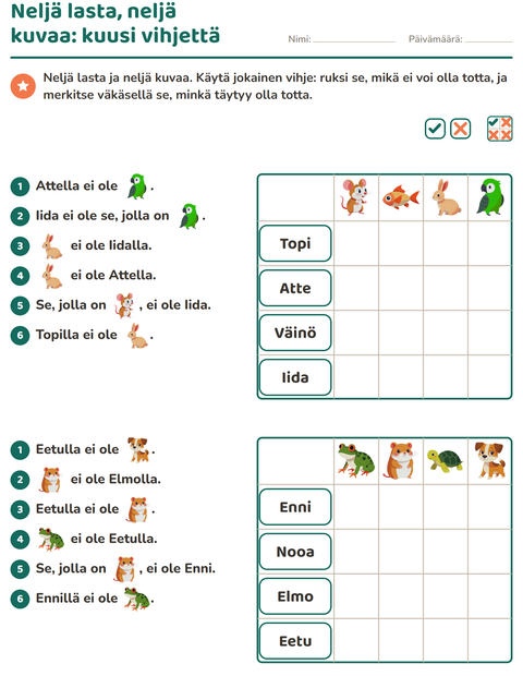 Esikatselu: Päättelypulmat-tehtäväarkki, aiheena Lemmikit, 3. luokka