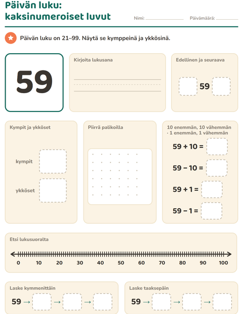 Esikatselu: Päivän luku-tehtäväarkki, 1. luokka