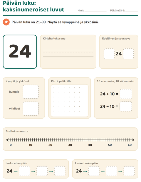 Esikatselu: Päivän luku-tehtäväarkki, 1. luokka