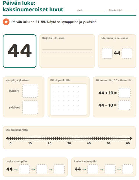 Esikatselu: Päivän luku-tehtäväarkki, 1. luokka