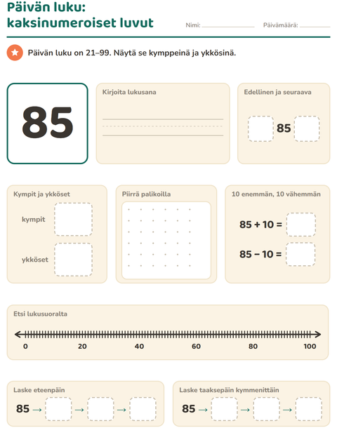 Esikatselu: Päivän luku-tehtäväarkki, 1. luokka