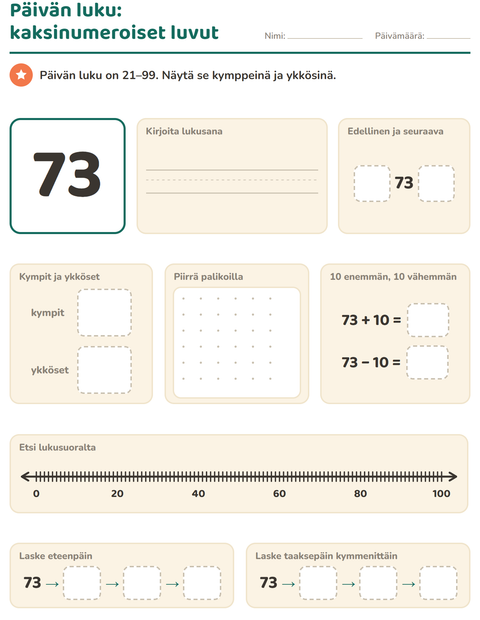 Esikatselu: Päivän luku-tehtäväarkki, 1. luokka