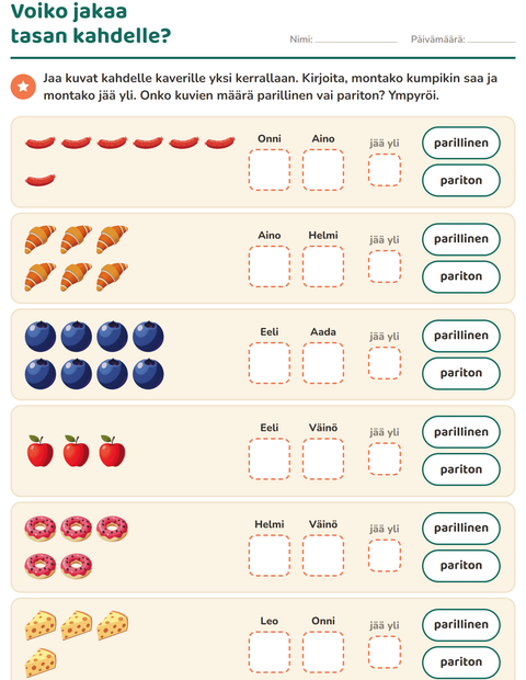 Esikatselu: Parilliset ja parittomat luvut-tehtäväarkki, aiheena Aamiainen, 1. luokka