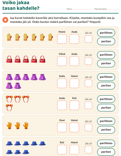 Esikatselu: Parilliset ja parittomat luvut-tehtäväarkki, aiheena Asusteet, 1. luokka