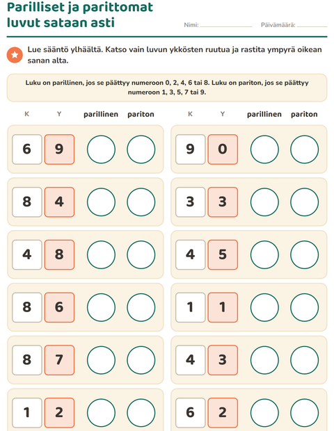 Esikatselu: Parilliset ja parittomat luvut-tehtäväarkki, 2. luokka