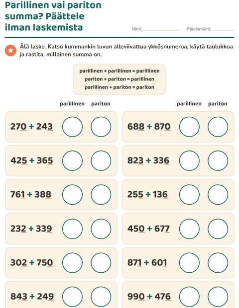 Esikatselu: Parilliset ja parittomat luvut-tehtäväarkki, 3. luokka