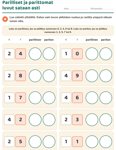 Esikatselu: Parilliset ja parittomat luvut-tehtäväarkki, 2. luokka