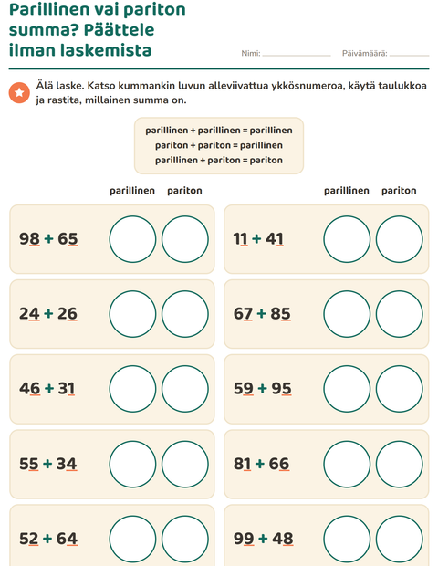 Esikatselu: Parilliset ja parittomat luvut-tehtäväarkki, 3. luokka