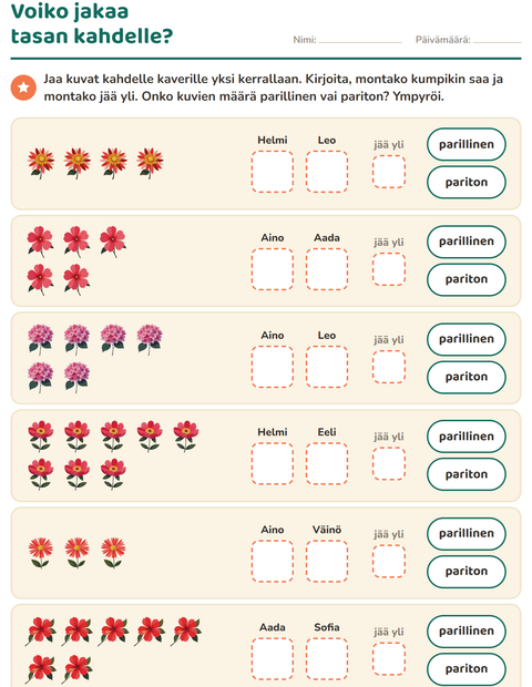Esikatselu: Parilliset ja parittomat luvut-tehtäväarkki, aiheena Kukat, 1. luokka