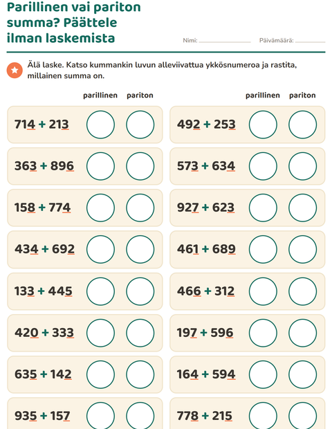 Esikatselu: Parilliset ja parittomat luvut-tehtäväarkki, 3. luokka