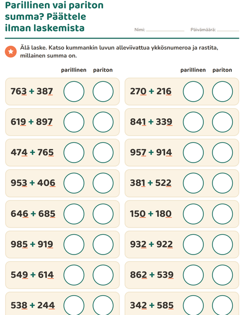 Esikatselu: Parilliset ja parittomat luvut-tehtäväarkki, 3. luokka