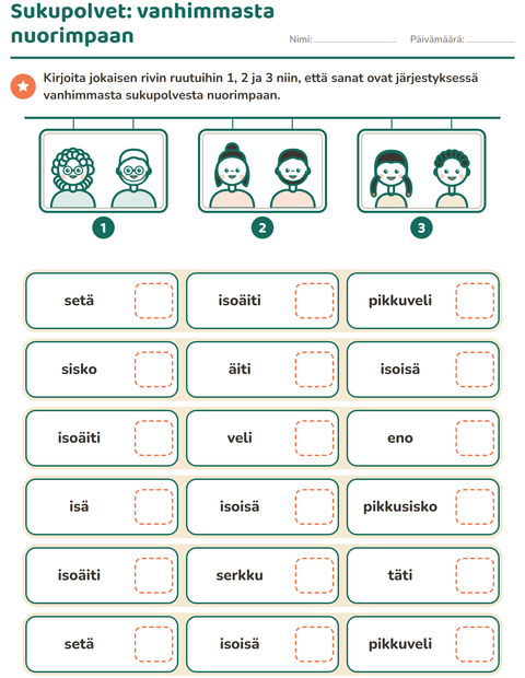 Esikatselu: Perhe ja sukulaiset-tehtäväarkki, 1. luokka