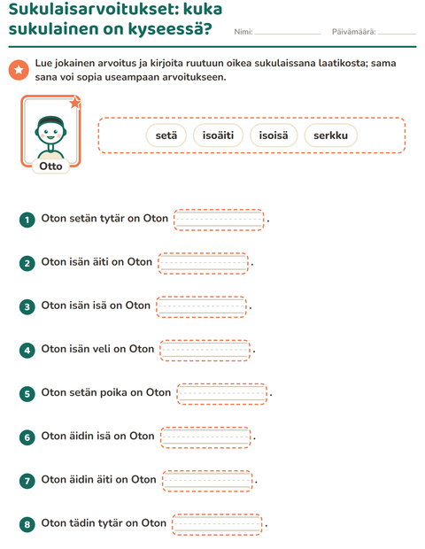 Esikatselu: Perhe ja sukulaiset-tehtäväarkki, 2. luokka