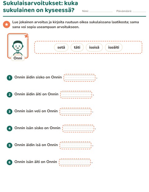 Esikatselu: Perhe ja sukulaiset-tehtäväarkki, 2. luokka