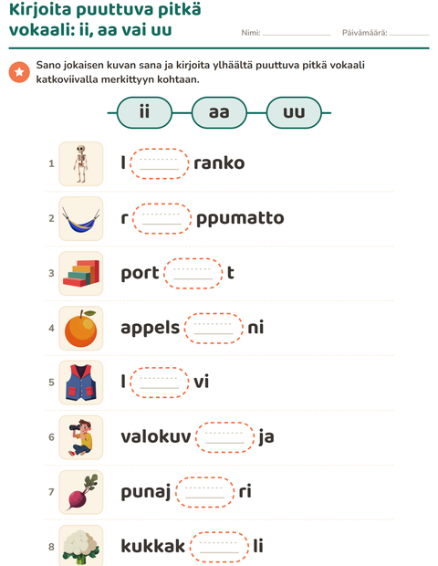 Esikatselu: Pitkä vokaali-tehtäväarkki, 1. luokka