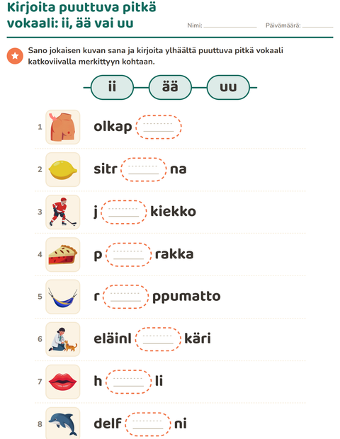 Esikatselu: Pitkä vokaali-tehtäväarkki, 1. luokka