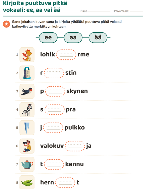 Esikatselu: Pitkä vokaali-tehtäväarkki, 1. luokka
