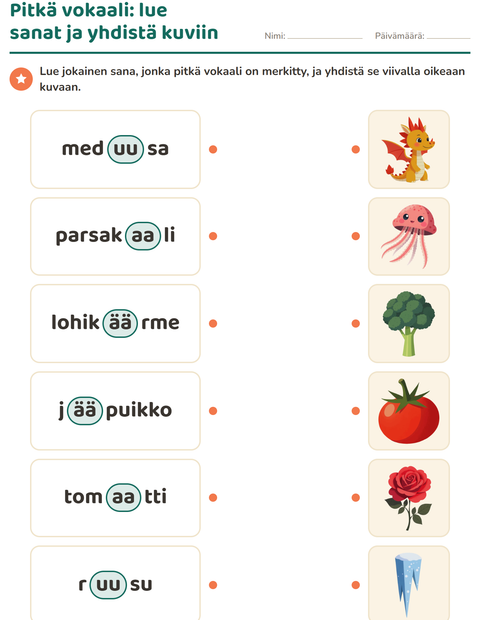 Pitkä vokaali: lue sanat ja yhdistä kuviin