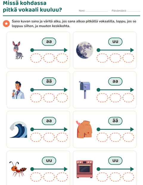 Missä kohdassa pitkä vokaali kuuluu?