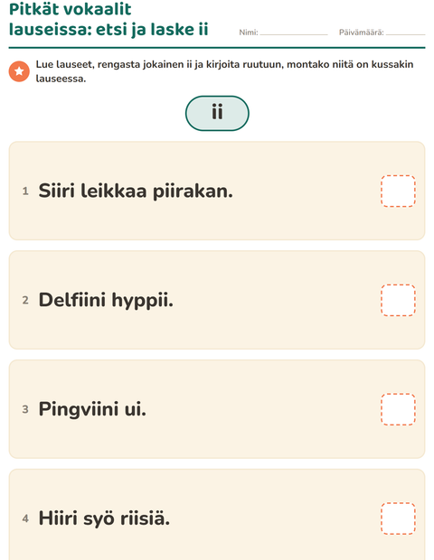 Esikatselu: Pitkä vokaali-tehtäväarkki, 2. luokka