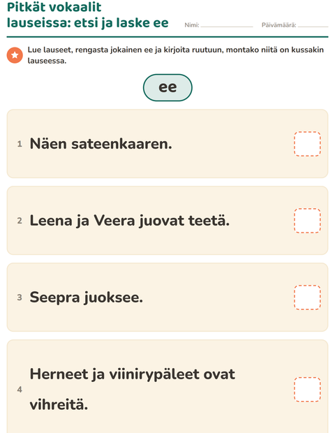 Esikatselu: Pitkä vokaali-tehtäväarkki, 2. luokka